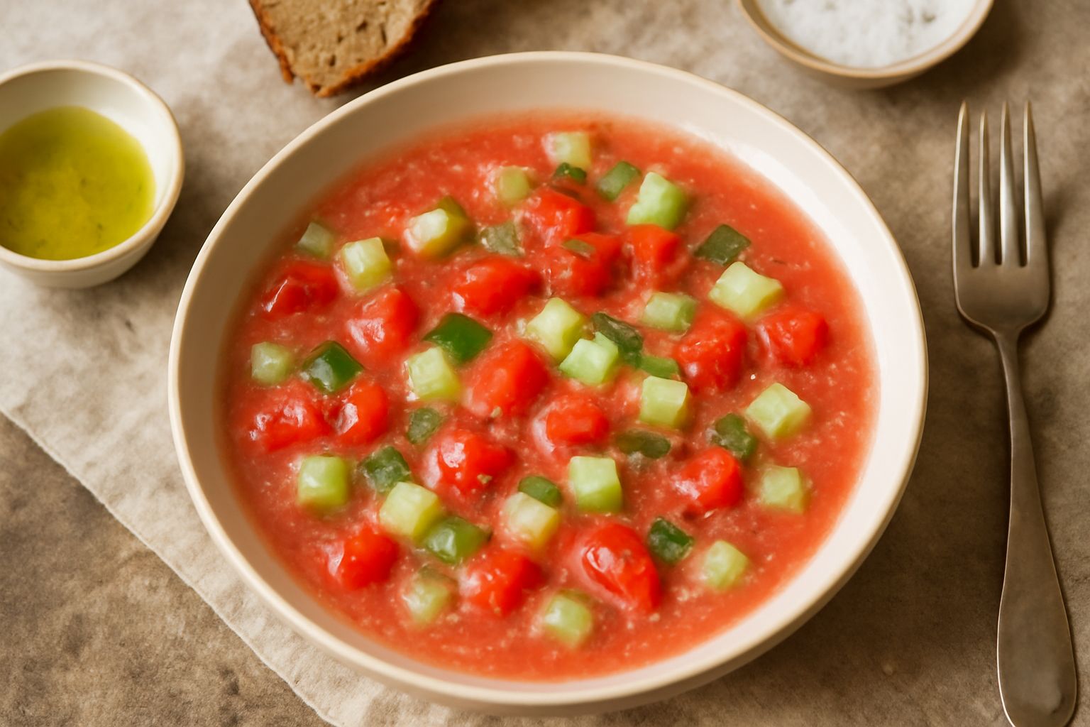 Salsa di pomodoro e cetriolo in una ciotola bianca, con pezzi visibili di cetriolo verde e pomodoro rosso, guarnita con basil fresco, collocata su un tavolo di legno chiaro accanto a un bicchiere d'ac