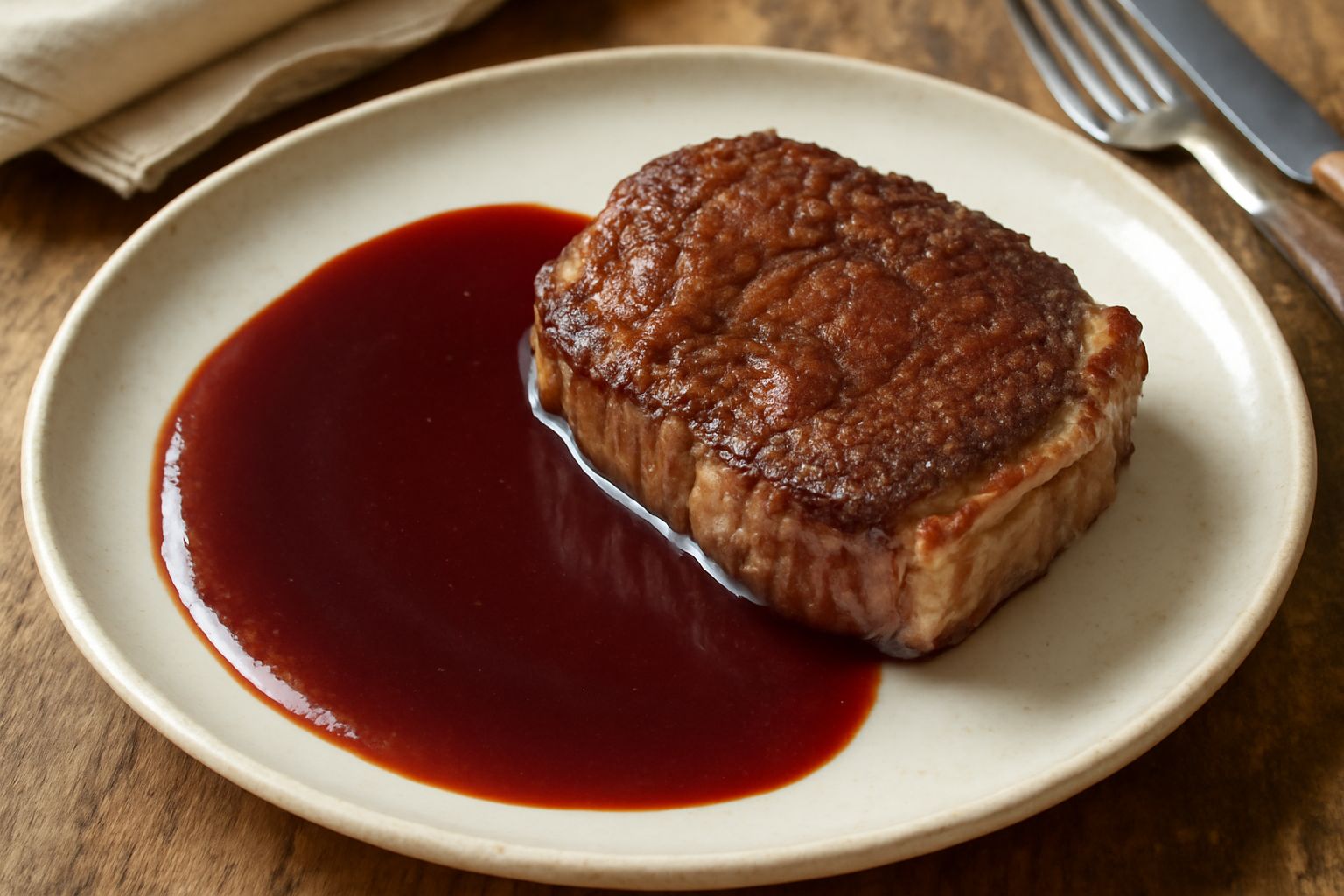 Salsa di vin rosso scura e lucida versata su un piatto bianco, accanto a una fetta di carne rossa, con erbe aromatiche e gocce di salsa attorno