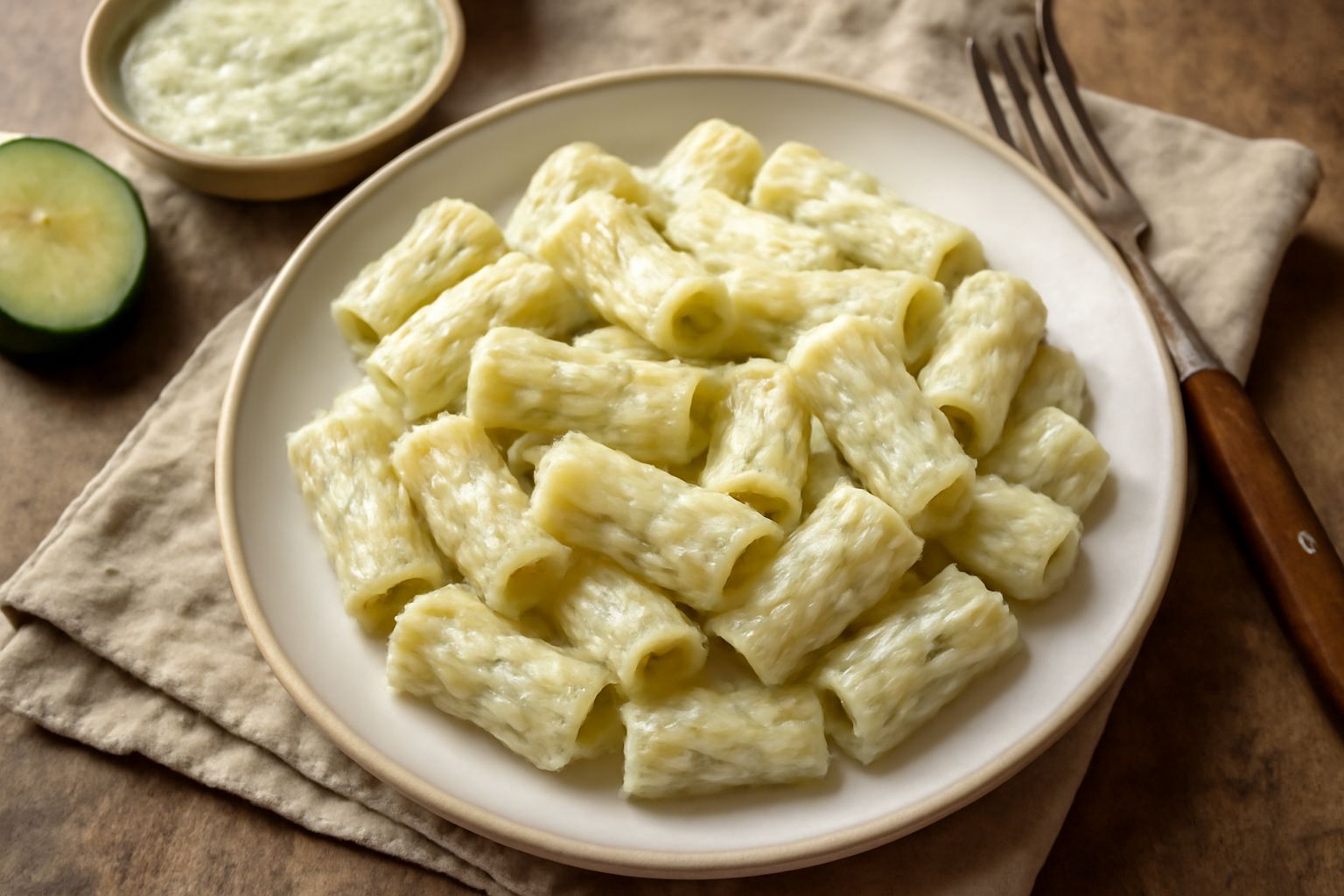 Piatto di pasta bianca ricoperto da salsa di zucchina di colore bianco crema con piccoli dadi di zucchina verde chiaro, foglia di menta verde e gocce di olio d'oliva dorato