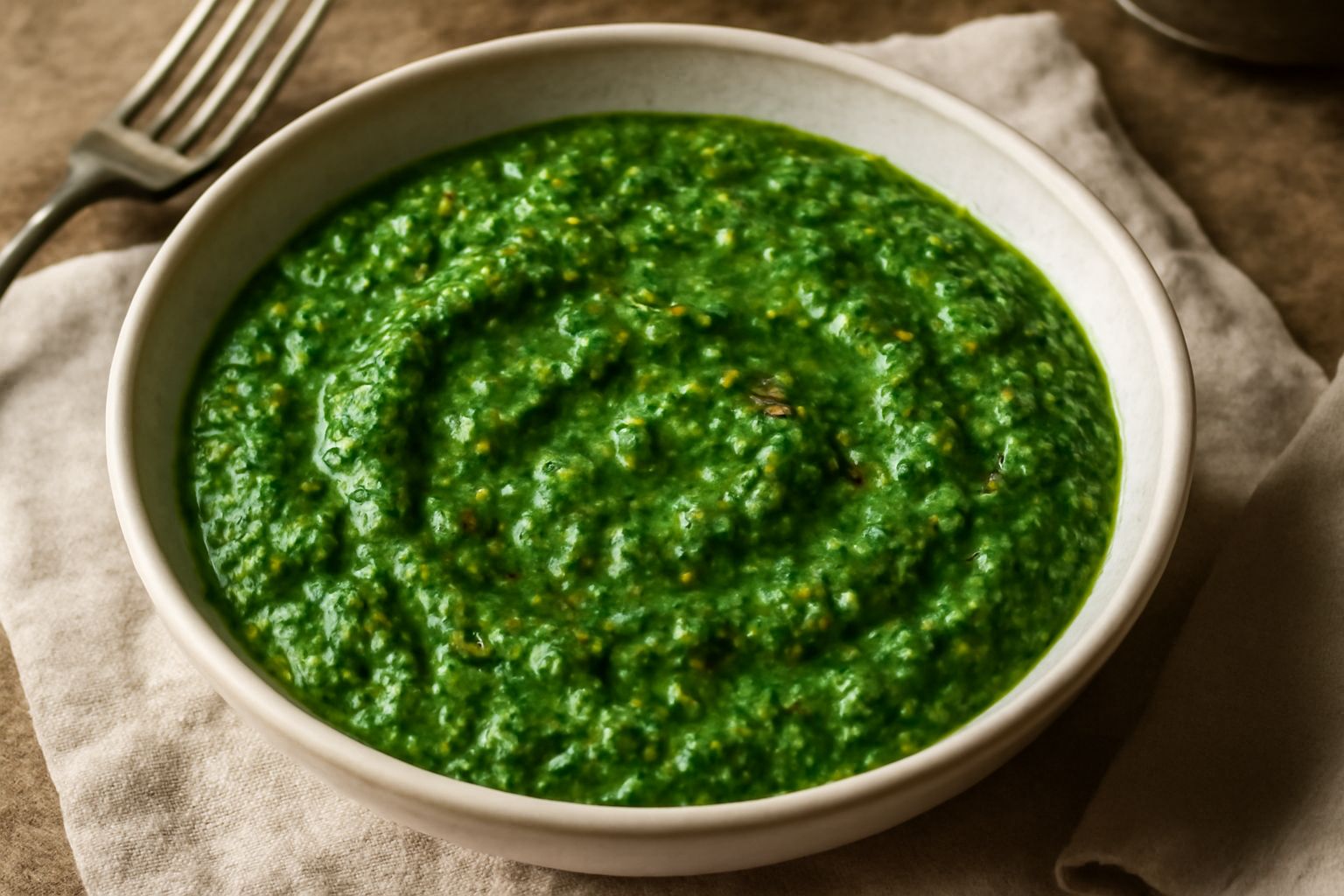 Una ciotola di salsa d'erbette verde brillante con gocce di olio, erbe fresche visibili, accanto a un cucchiaio di legno e una manciata di prezzemolo, menta e rucola fresca