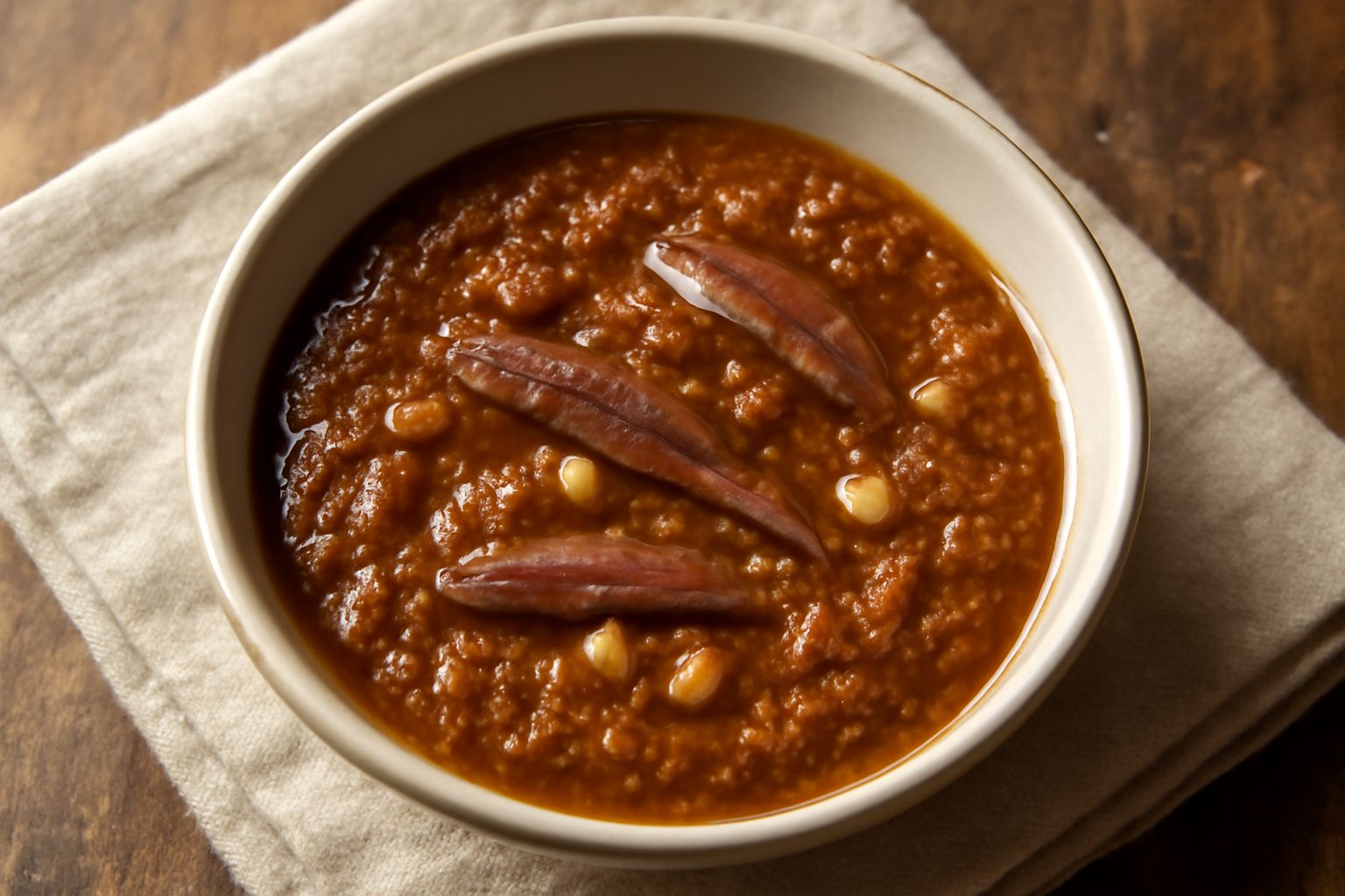 Salsa di acciughe densa e color ambrato-marrone scuro in una ciotola bianca, con filetti di acciuga interi in olio d'oliva, aglio affettato visibile, superficie liscia e lucida