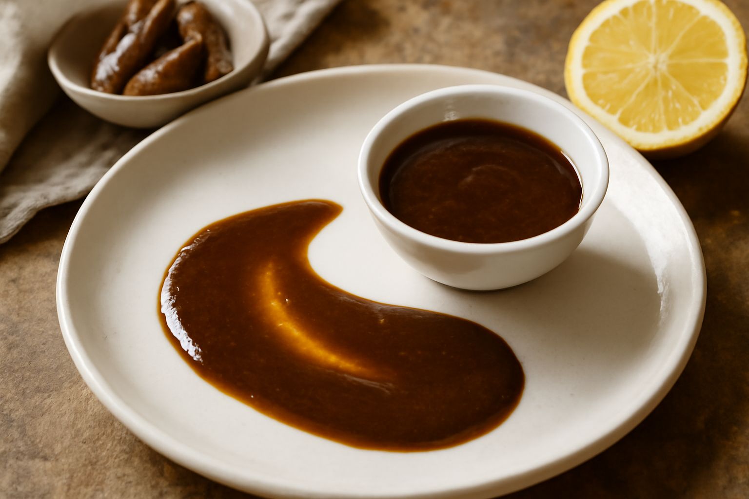 Salsa di acciughe e limone in una ciotola bianca, marrone scuro con riflessi dorati, decorata con una scorza di limone giallo, accanto acciughe intere sotto sale in un barattolo di vetro e mezzo limon