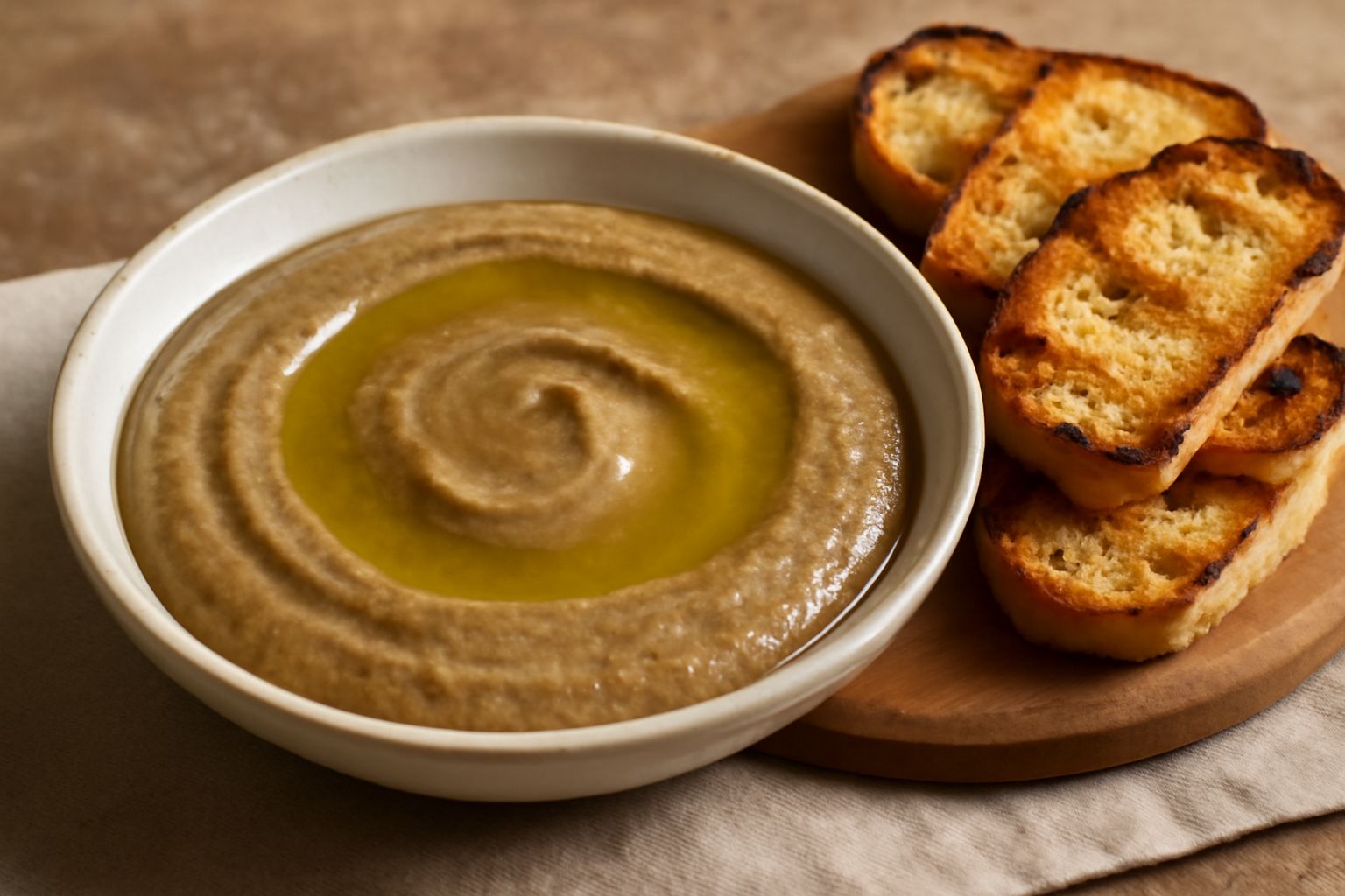 Salsa color beige-tortora in una ciotola bassa di ceramica, mantecata e cremosa, con striature di olio verde dorato in superficie. Una spiga di rosmarino fresco poggia sul bordo. Sullo sfondo acciughe