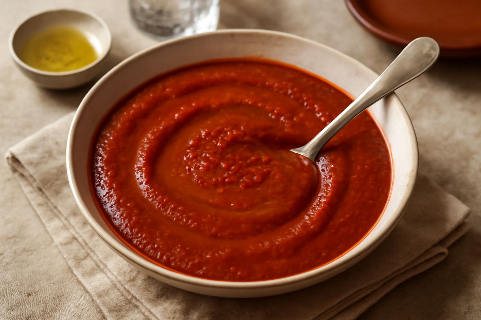 Ciotola di ceramica bianca con salsa di acciughe e peperoni color rosso brunastro, liscia e lucida, guarnita con filo di olio verde e peperoncino fresco