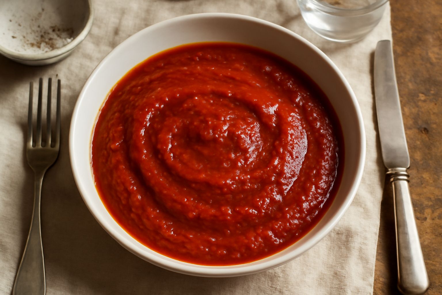 Una ciotola di ceramica bianca con salsa densa rosso scuro, rifinita con gocce di olio d'oliva verde e foglioline di prezzemolo fresco, accanto a un cucchiaio in acciaio e pomodori freschi sullo sfond