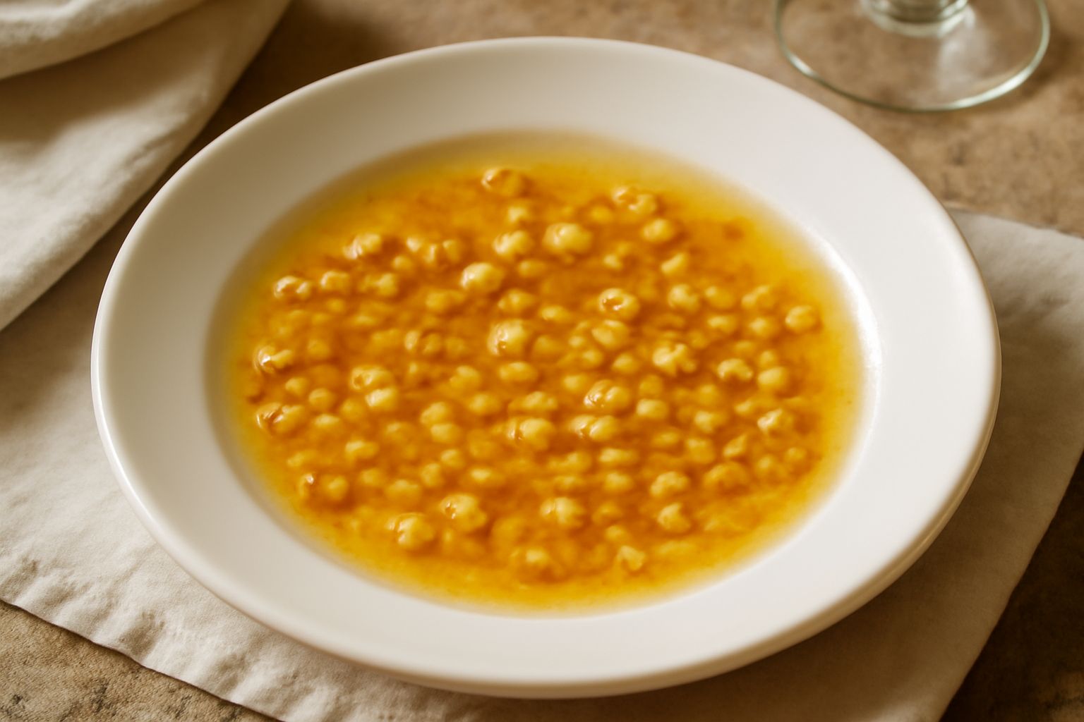 Ciotola bianca con salsa di aglio e olio color oro trasparente, spicchi di aglio sbucciati intorno, cucchiaio di legno immerso, olio che brilla alla luce, tavolo di legno naturale