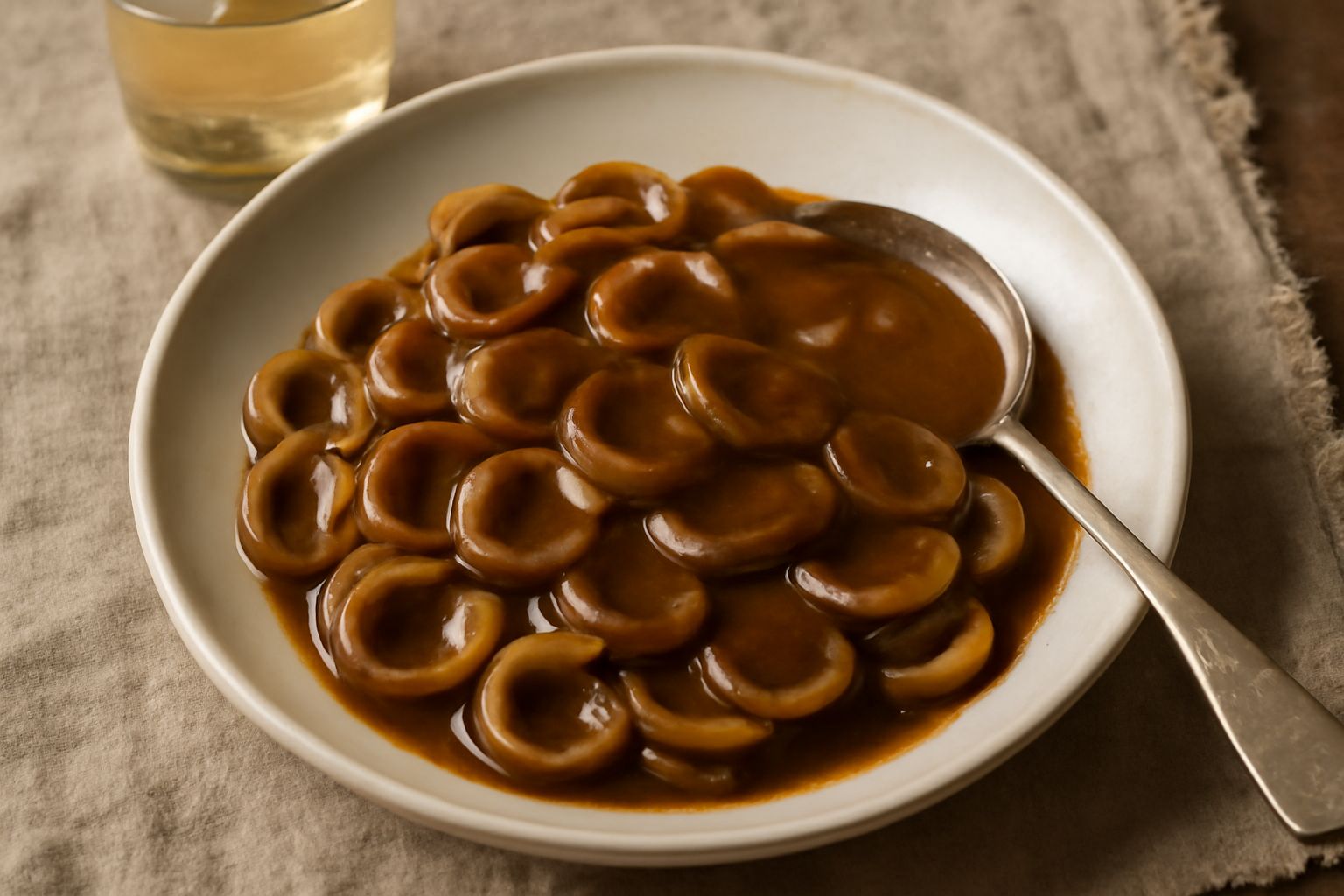 Salsa di alici color marrone scuro in ciotola di ceramica bianca, con superficie lucida e brillante, cucchiaio d'acciaio sulla sinistra, fondo bianco neutro