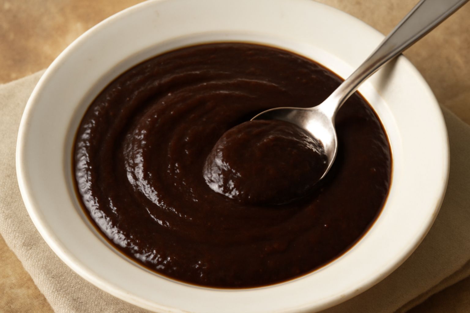 Salsa di anguilla scura e densa in una piccola ciotola di ceramica bianca, con striature lucide e brillanti, accanto a cucchiaio di legno su superficie di marmo grigio
