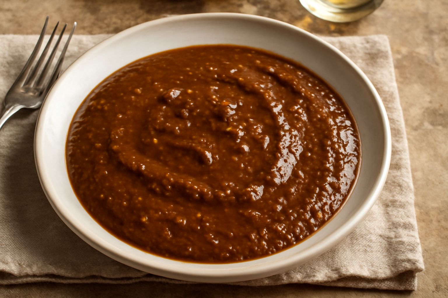 Salsa di anguille marrone scuro con frammenti di anguilla affumicata, versata su un piatto bianco, con rosmarino e pepe nero in primo piano