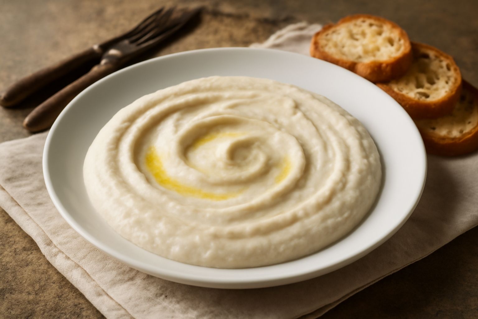 Salsa di baccalà bianca e cremosa in una ciotola di ceramica, con filo di olio d'oliva in superficie, accanto a fette di pane tostato e spruzzo di pepe nero