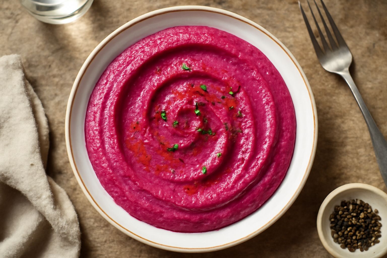 Salsa di barbabietola color magenta acceso servita in una ciotola bianca, liscia e cremosa, con alcune radichette di barbabietola fresca accanto e un cucchiaio d'argento dentro la salsa