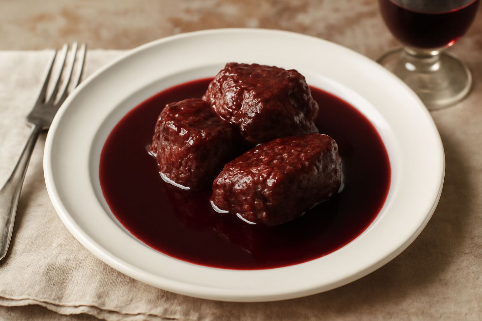 Salsa di barbera in una ciotola di ceramica bianca, color rosso scuro quasi granata, lucida e densa, accanto a una bottiglia di vino rosso e un rametto di rosmarino su fondo di legno naturale
