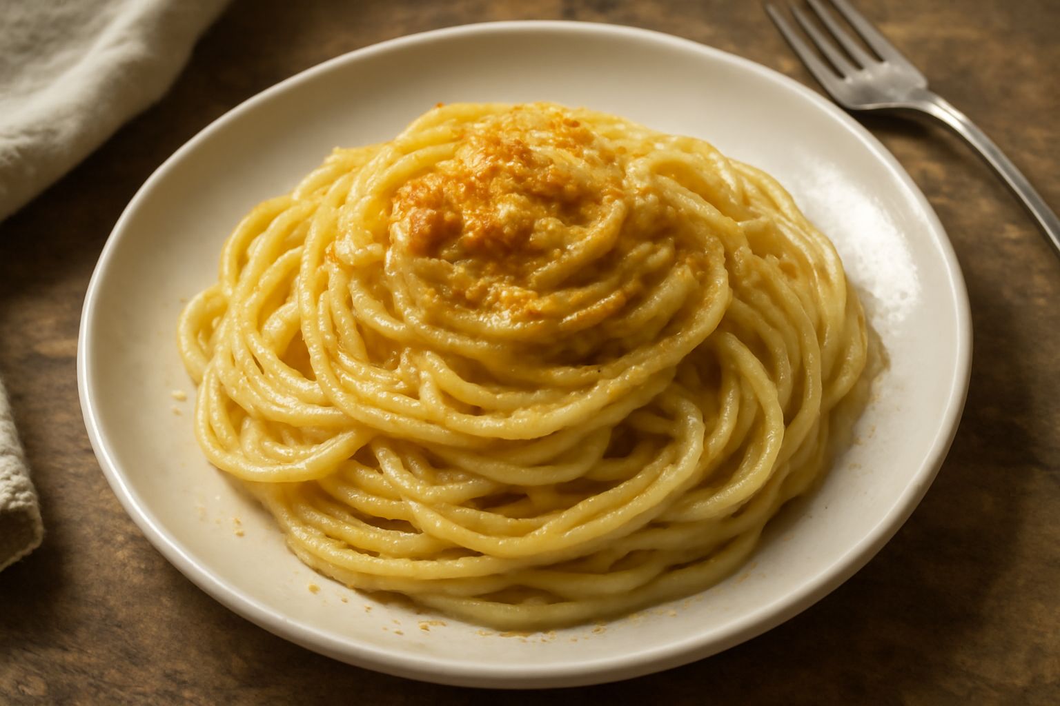 Piatto di pasta fresca condita con salsa di bottarga di colore giallo-beige, cremosa e vellutata, spolverata di bottarga grattugiata, con gocce di olio d'oliva lucente e una buccia di limone accanto