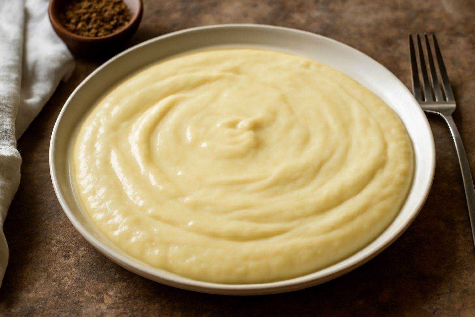 Salsa di burro e formaggio cremosa e dorata in una ciotola bianca, con un cucchiaio di legno dentro, accanto a un pezzo di parmigiano grattugiato e un noccio di burro