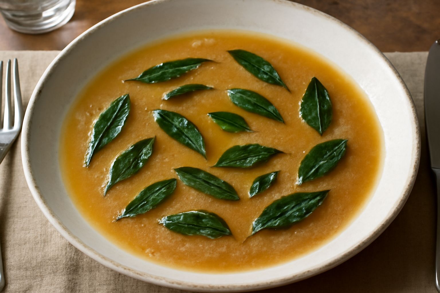 Salsa di burro fuso color ambra in un piatto bianco, con foglie di salvia verde fresco sparse sulla superficie e un cucchiaio d'argento a lato