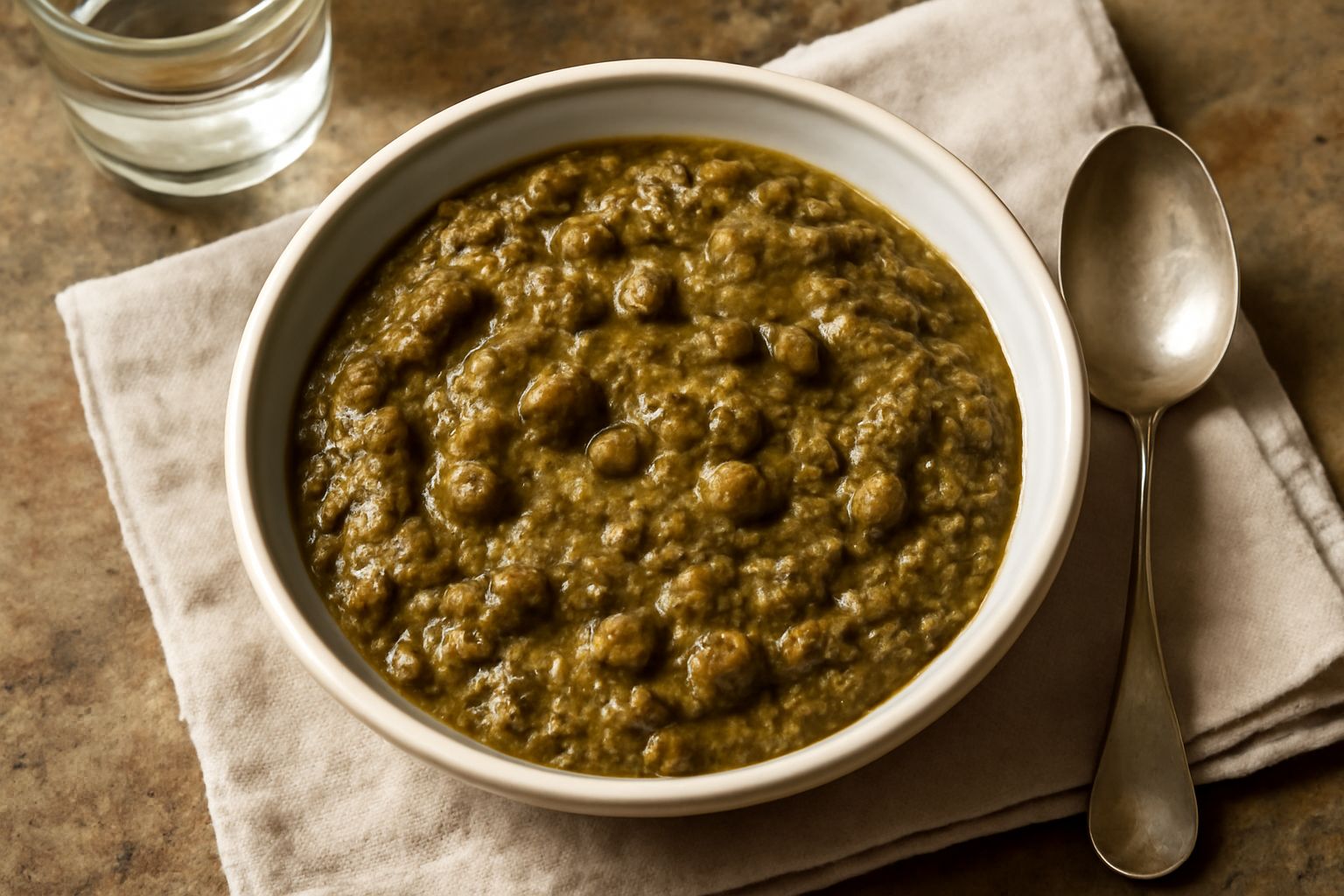 Salsa di capperi verde-marrone in una ciotola di ceramica bianca, con capperi interi visibili, accanto a un cucchiaio di legno e filetti di acciuga su un piatto grigio