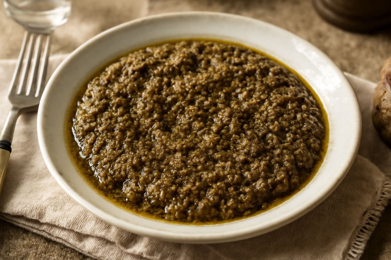 Una ciotola di ceramica con salsa di capperi densa e granulosa, di colore verde-marrone, con gocce di olio d'oliva in superficie e alcune foglie di prezzemolo fresco sopra.