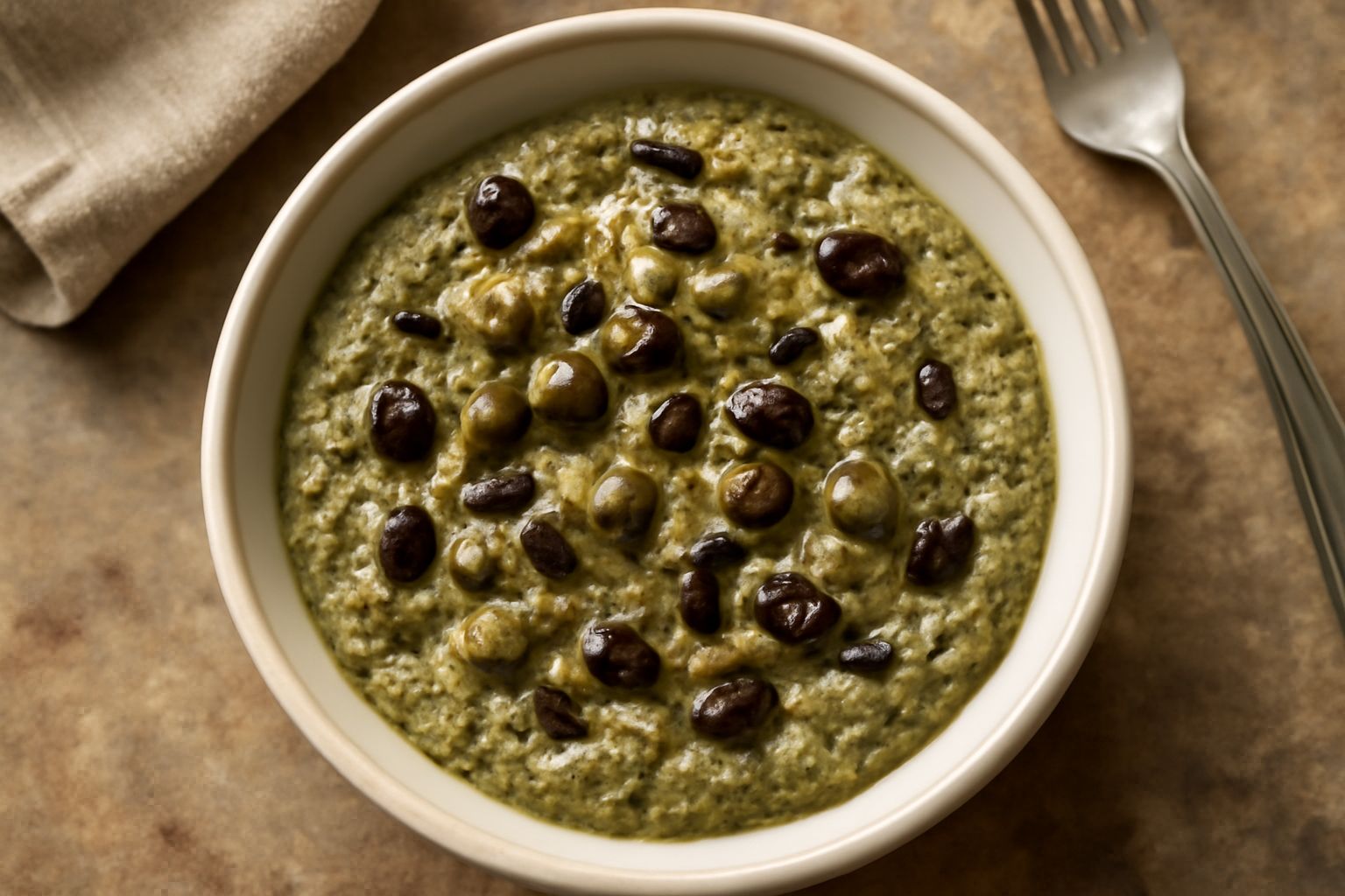 Salsa di capperi e olive in una ciotola di ceramica bianca, con pezzi di olive nere e capperi verdi distribuiti uniformemente, sfioro di olio verde-giallo, collocata su un tavolo di legno chiaro con s