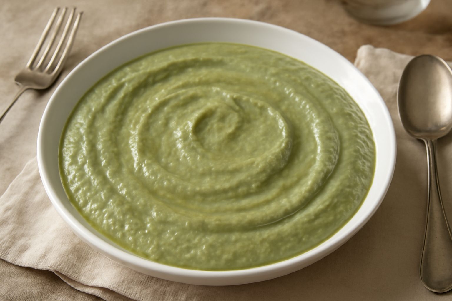 Salsa di carciofi verde chiaro in ciotola bianca, con fiamma di olio extravergine che scende dal cucchiaio, circondato da spicchi di limone fresco e foglie di menta su tavolo di legno naturale