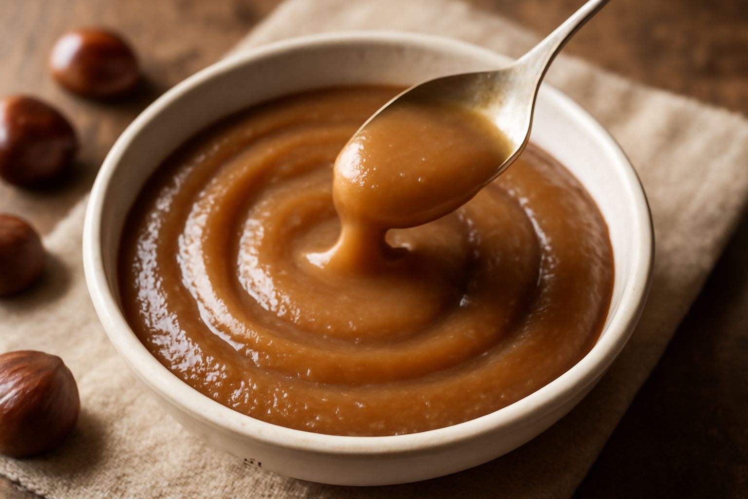 Salsa di castagne cremosa in una ciotola bianca, con sfumature marroni dorate, guarnita da una castagna intera e qualche ramo di timo fresco sul fondo di legno scuro