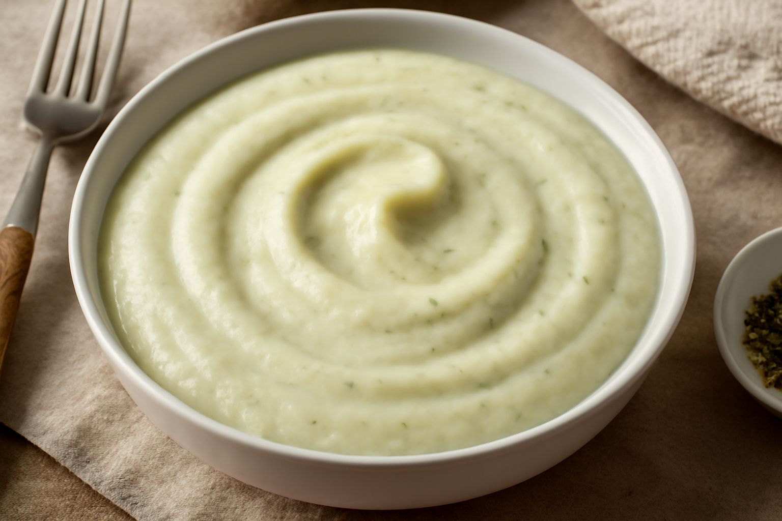 Salsa di cavolo rapa cremosa color avorio servita in ciotola bianca, con due cucchiai di legno accanto, superficie liscia e brillante, guarnita con un filo di olio d'oliva