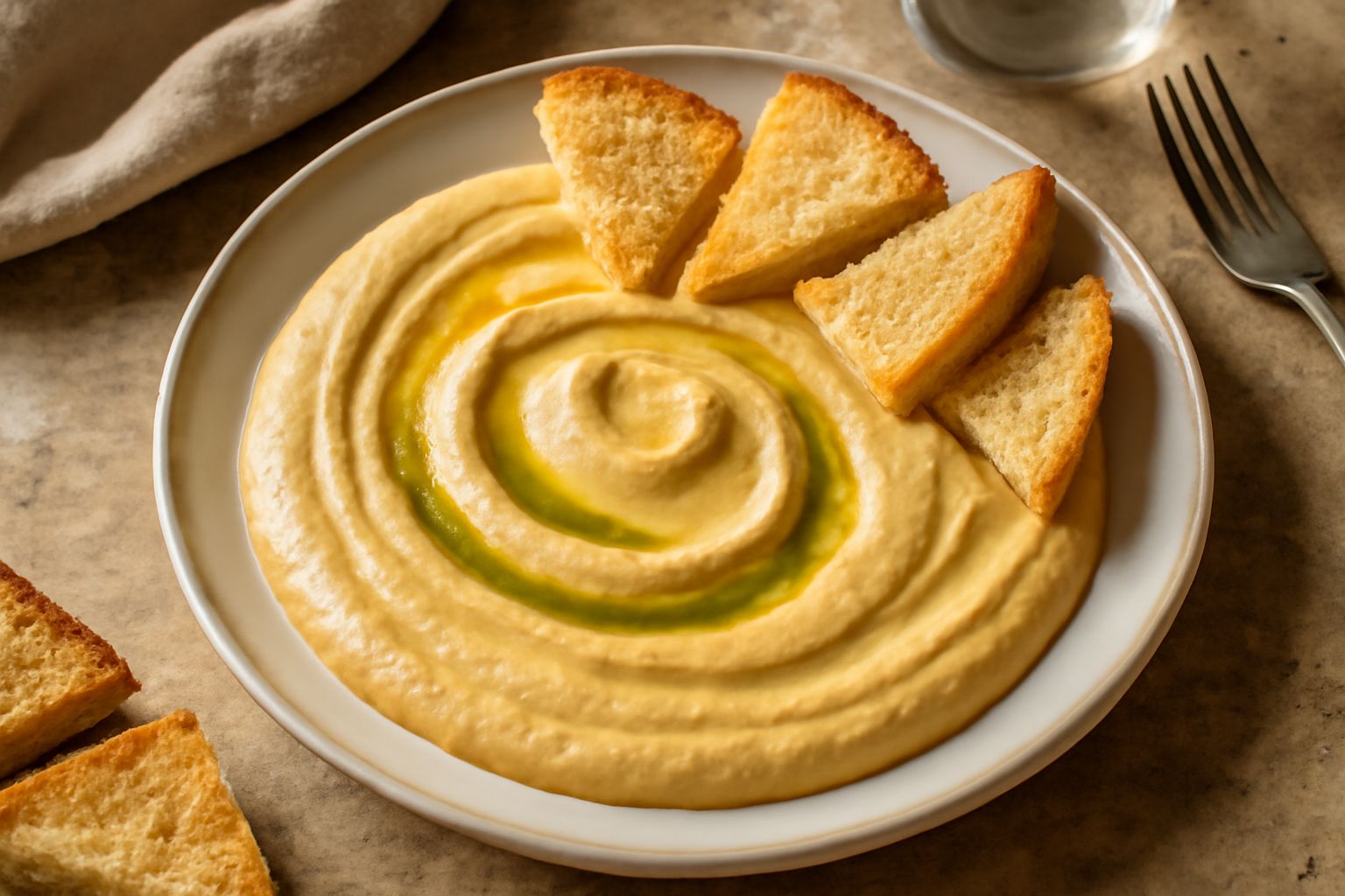 Salsa di ceci color beige dorato in una ciotola bianca, liscia e cremosa, con una goccia di olio verde in superficie, pane tostato e bastoncini di verdure cruda nel piatto
