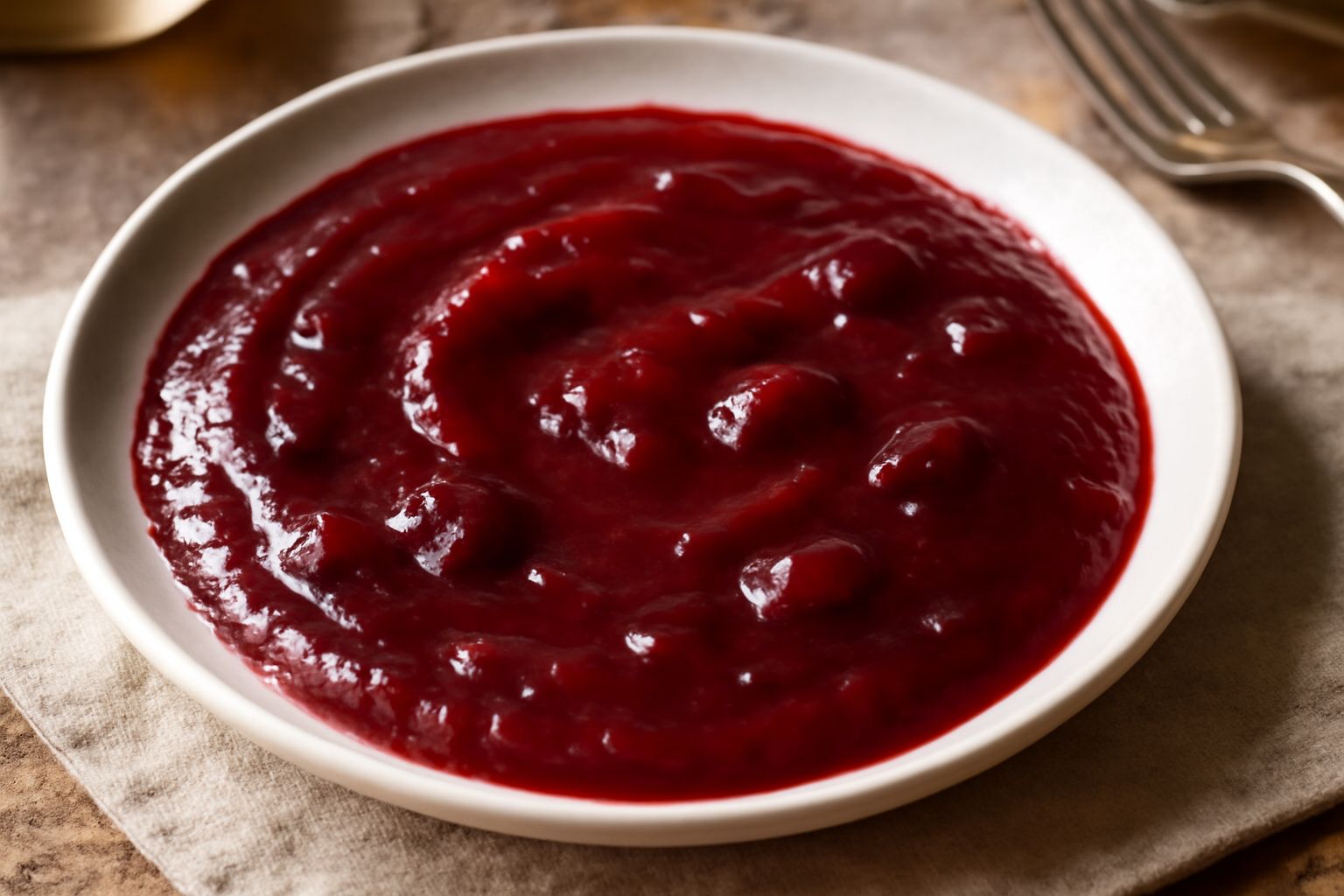 Salsa di ciliegia densa e lucida in una piccola ciotola di ceramica bianca, colore rosso scuro brillante, alcuni pezzetti di ciliegia visibili, cucchiaio d'argento accanto, sfondo di legno naturale