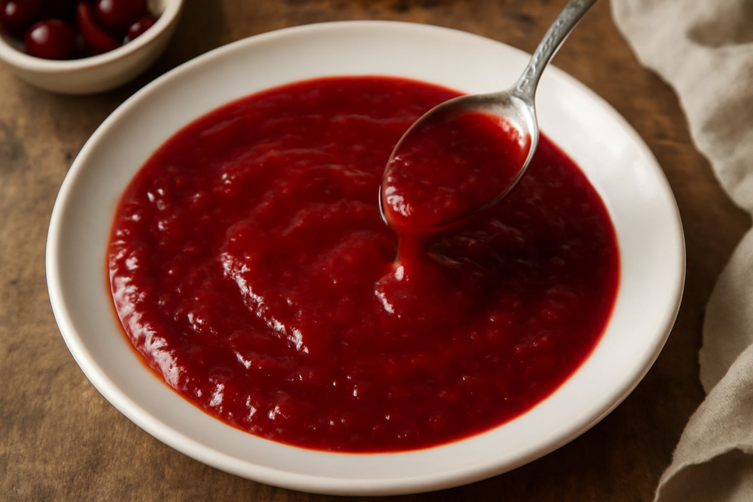 Salsa di ciliegie rosso scuro in una ciotola di ceramica bianca, con alcuni chicchi di ciliegie fresche e una cucchiaiata di salsa sul bordo, sfondo bianco con foglie di menta fresca