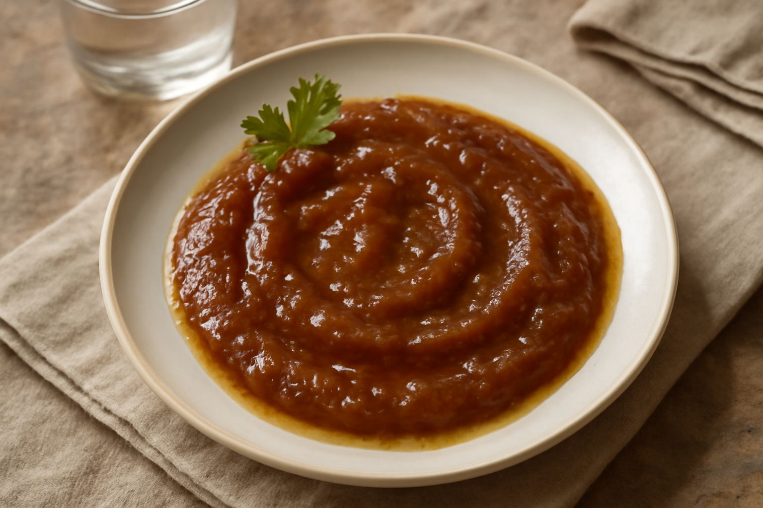 Salsa di cipolla in una ciotola bianca, color ambra scuro e vellutata, con cipolla tagliata a metà sullo sfondo e cucchiaio di legno immerso nella salsa