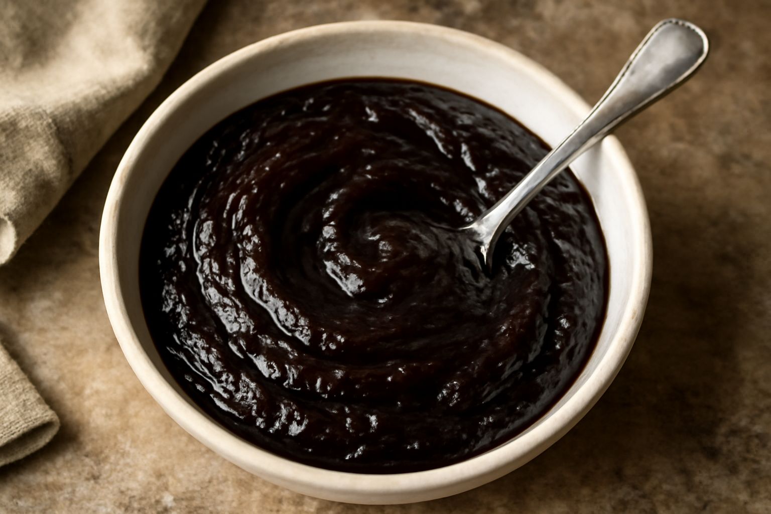 Salsa di cipolla caramellata in una ciotola bianca, colore marrone scuro lucido, con cucchiaio di legno dentro, su fondo di marmo grigio