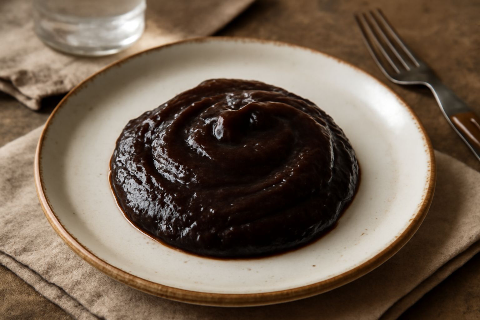 Salsa di cipolla color marrone scuro in un barattolo di vetro, densa e lucida, servita in un piattino bianco con fette di pane tostato e formaggio accanto