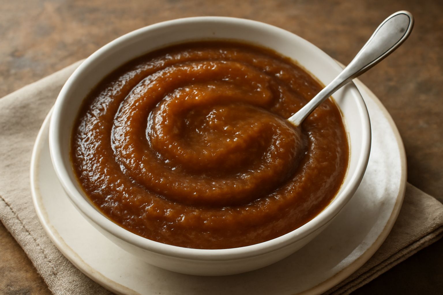 Salsa di cipolla di Tropea in una ciotola di ceramica bianca, colore ambrato scuro, consistenza cremosa e densa, con qualche goccia che scivola dal cucchiaio di legno