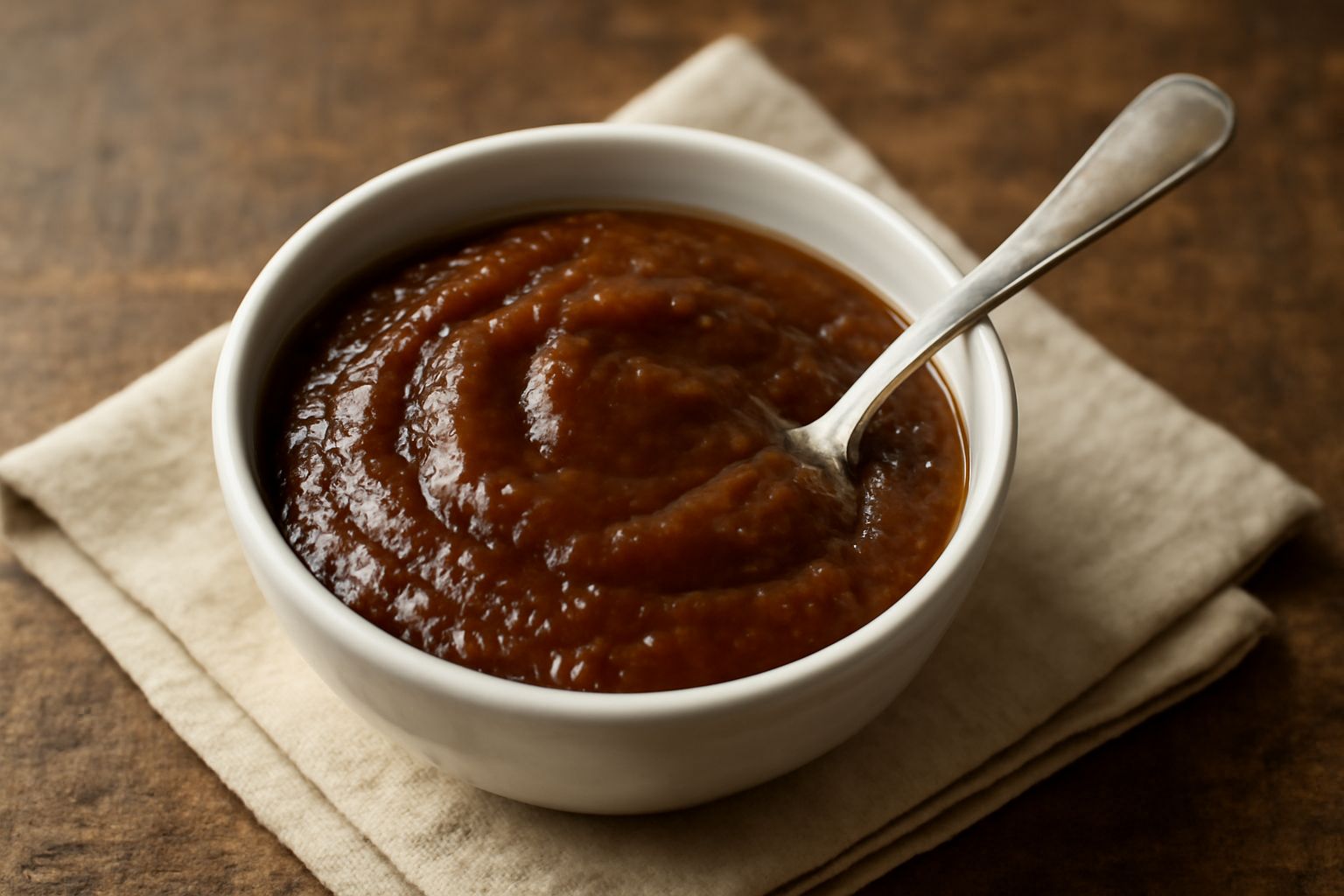 Salsa di cipolla dolce color marrone scuro e lucido in una ciotola bianca, con cipolle intere tagliate a meta sullo sfondo e cucchiaio di legno immerso nella salsa