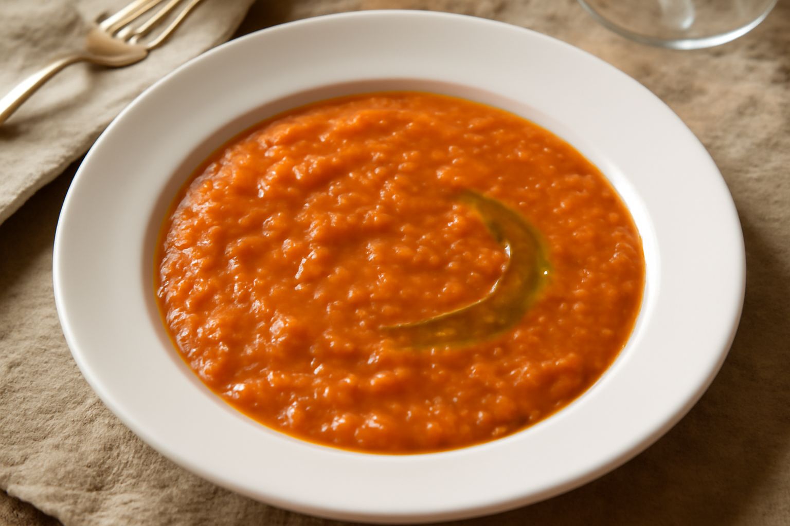 Una ciotola di ceramica bianca contiene salsa rosso arancio densa e cremosa, con particelle visibili di cipolla ammorbidita e pomodoro. Un filo d'olio d'oliva verde scuro brilla in superficie. Accanto