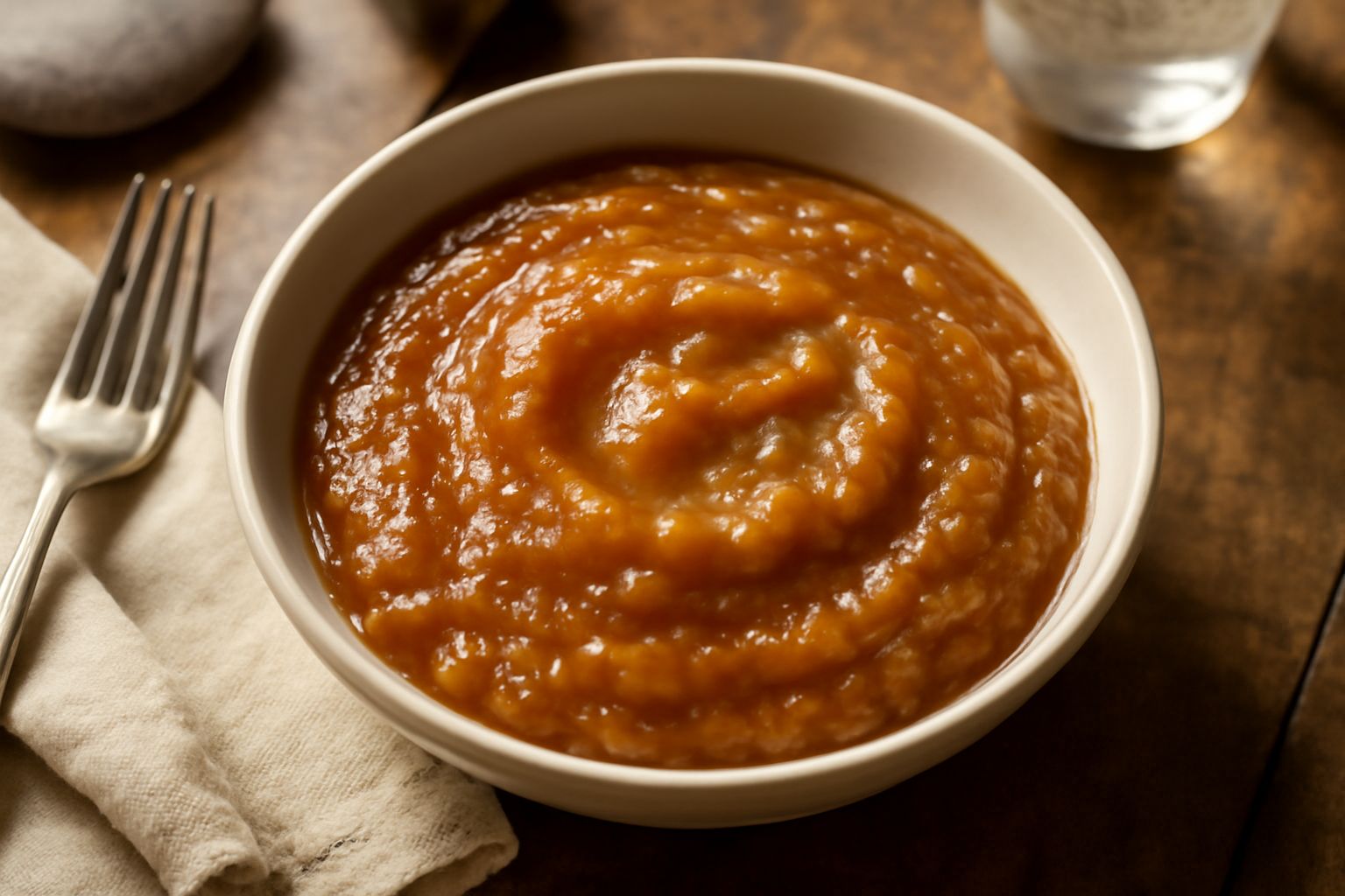 Ciotola di vetro riempita di salsa di cipolla marrone scuro e lucida, con cipolle caramellate visibili, posata su un tavolo di legno chiaro accanto a fette di pane tostato