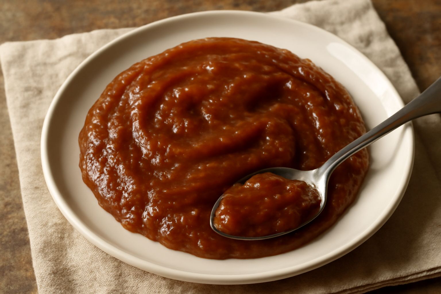 Salsa di cipolle caramellate di colore marrone dorato in un piattino bianco, con superficie lucida e densa, guarnita da un rametto di timo fresco