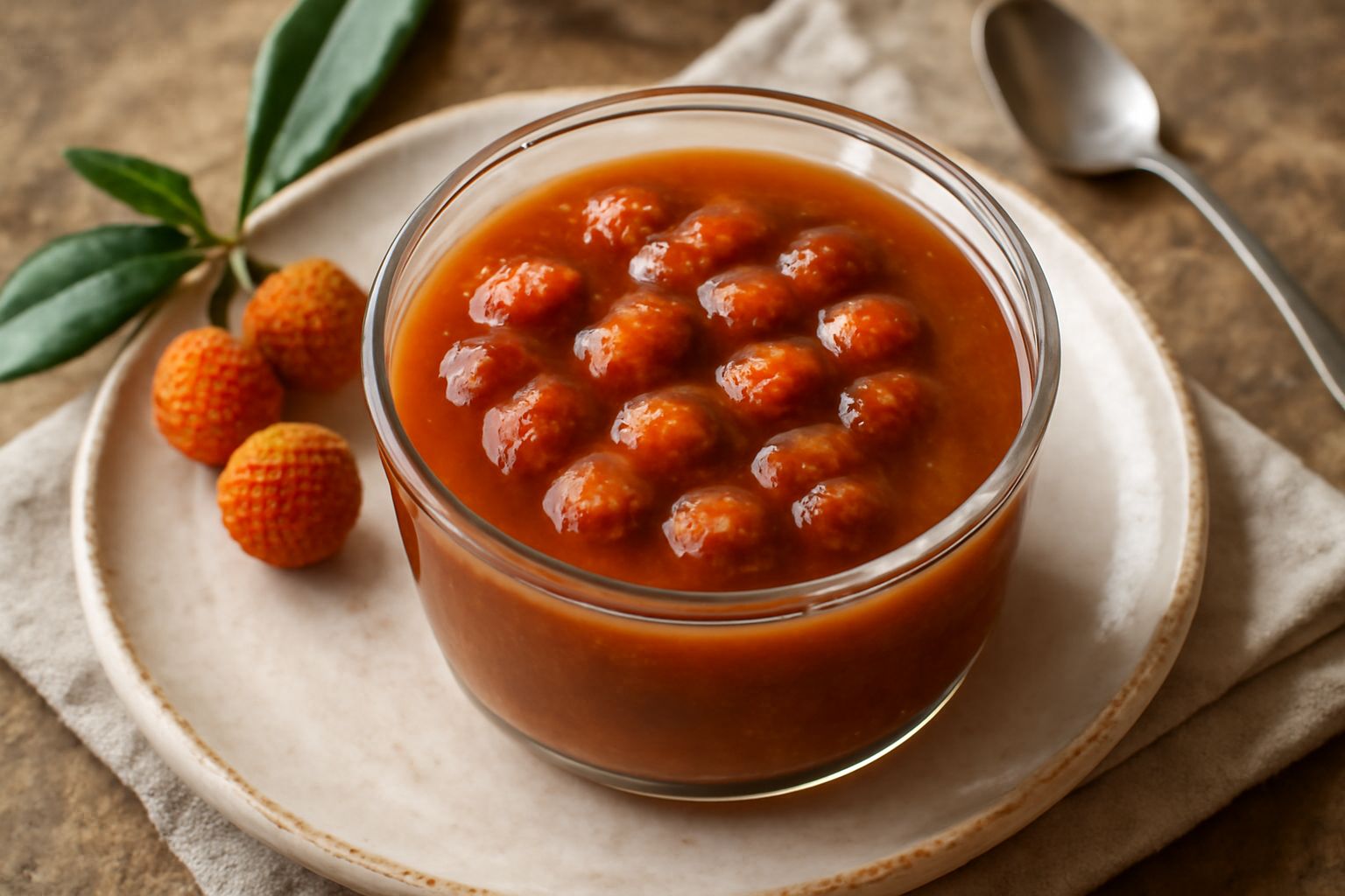 Salsa di corbezzoli color arancio-marrone in una ciotola di ceramica bianca, con corbezzoli freschi rossi accanto, su una tavola di legno naturale con cucchiaio di legno