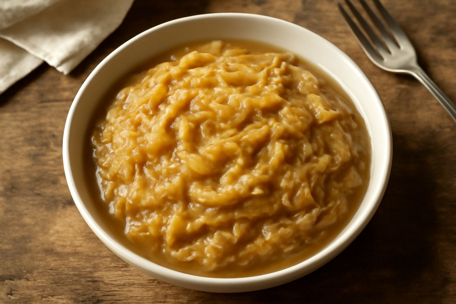 Una ciotola di ceramica bianca contiene salsa di crauti color ambra scuro con strisce di cavolo fermentato, granelli di senape, pezzetti di cipolla e una fogliolina di aneto fresco sopra