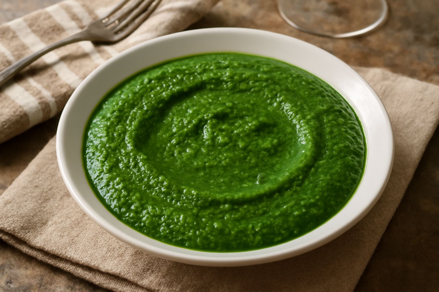 Salsa verde brillante in ciotola bianca, guarnita con foglia di prezzemolo selvatico, accanto a cucchiaio di legno e borsa di tela con erbette fresche raccolte