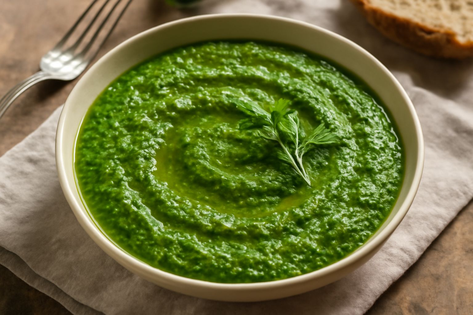 Salsa verde densa servita in ciotola bianca, con erbette intere sparse accanto, foglie di prezzemolo e menta visibili, gocce d'olio extravergine sulla superficie, sfondo chiaro con asse da cucina in l