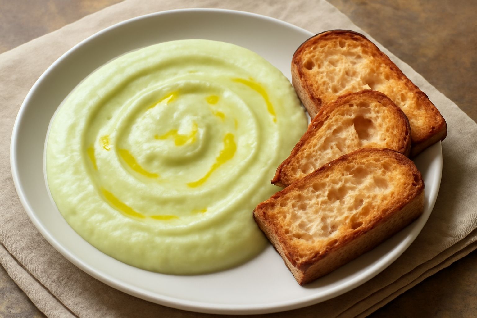 Salsa di fave di colore verde chiaro, cremosa e omogenea, servita in una ciotola bianca con un filo di olio extravergine, contorno di pane tostato e bastoncini di verdure crudo