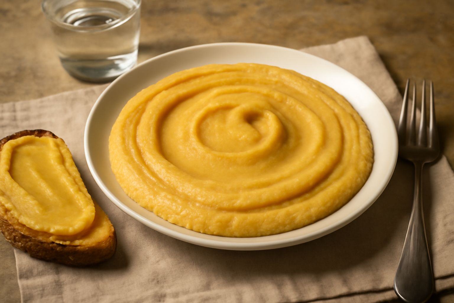 Salsa di fave secche color giallo ocra in una ciotola bianca, cremosa e omogenea, con un cucchiaio d'acciaio immerso, contornata da fave secche sparse e una fetta di pane tostato