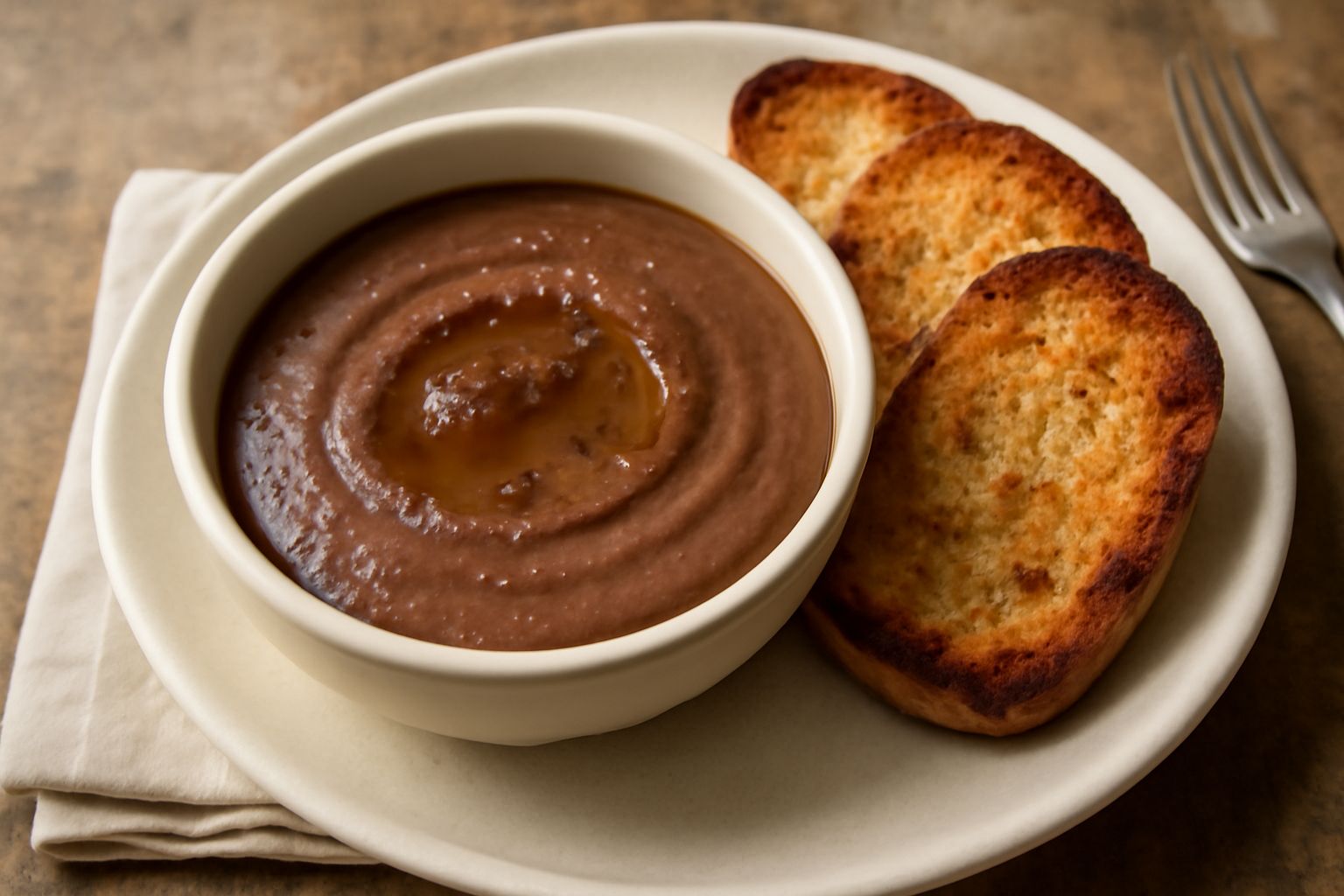 Salsa di fegato d'oca marrone scuro in una ciotola di vetro trasparente, con una cucchiaiata che rivela la consistenza cremosa e vellutata; accanto due fette di pane tostato e un cucchiaio di legno
