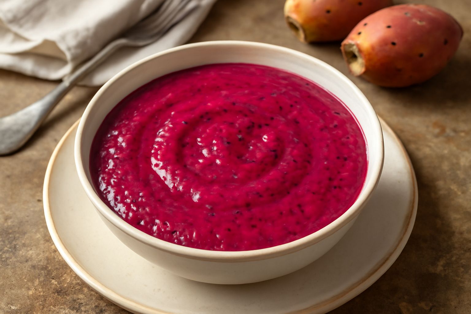 Salsa di fichi d'india color rosa rubino in una ciotola bianca, con piccoli semi neri visibili, servita su un piatto di legno con pane tostato e affettati