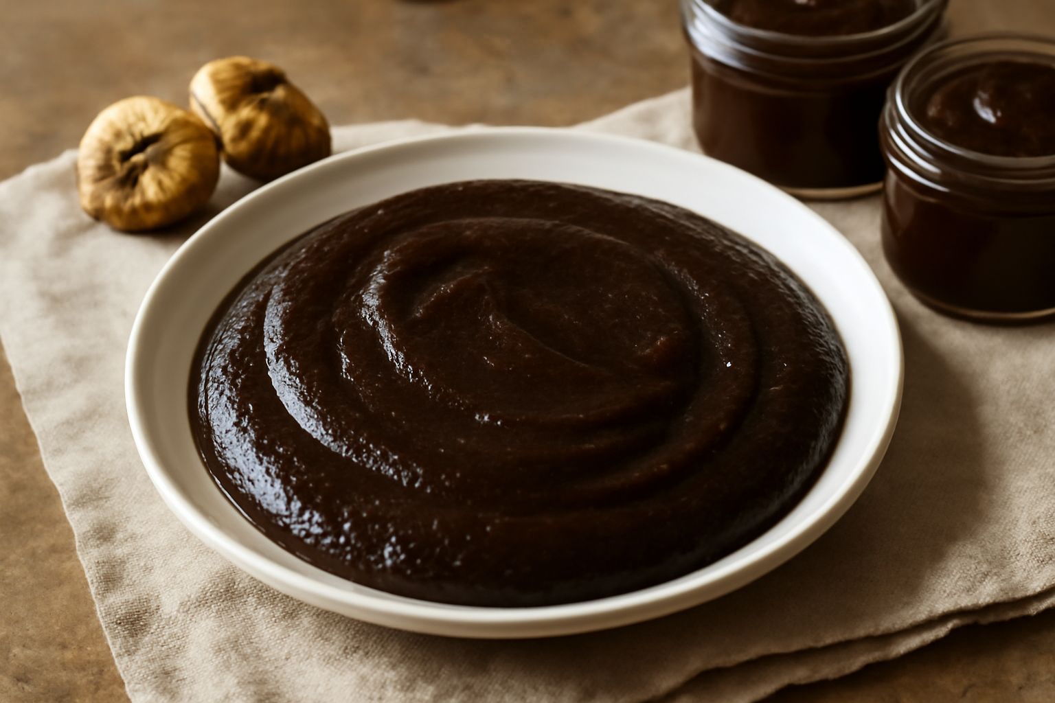 Salsa di fichi secchi color marrone scuro, densa e lucida, servita in una ciotola di ceramica bianca con due fichi secchi posati sul bordo e un cucchiaio di legno dentro