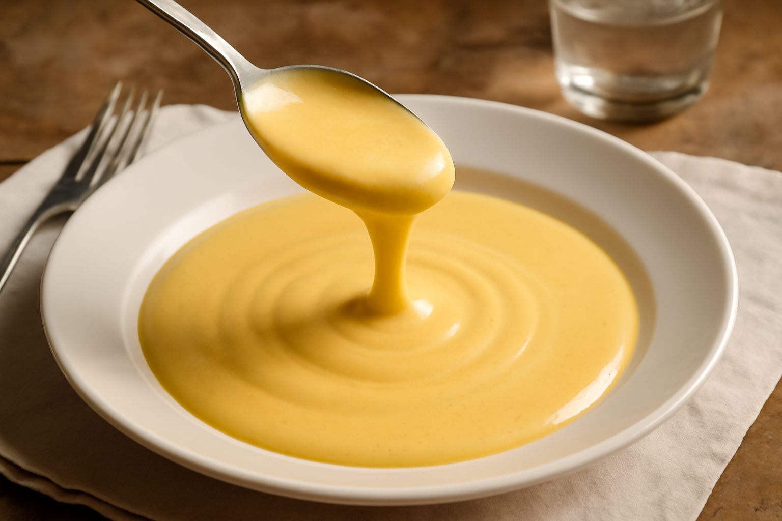 Salsa di formaggio color giallo paglierino, cremosa e lucida, versata in una ciotola bianca con un mestolo di legno, servita tiepida