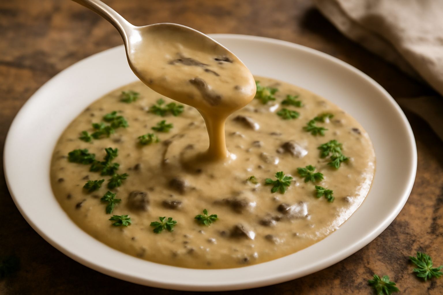 Salsa di funghi cremosa color nocciola versata su pasta fresca al piatto bianco, con lamelle di funghi visibili, prezzemolo verde e gocce di olio in superficie