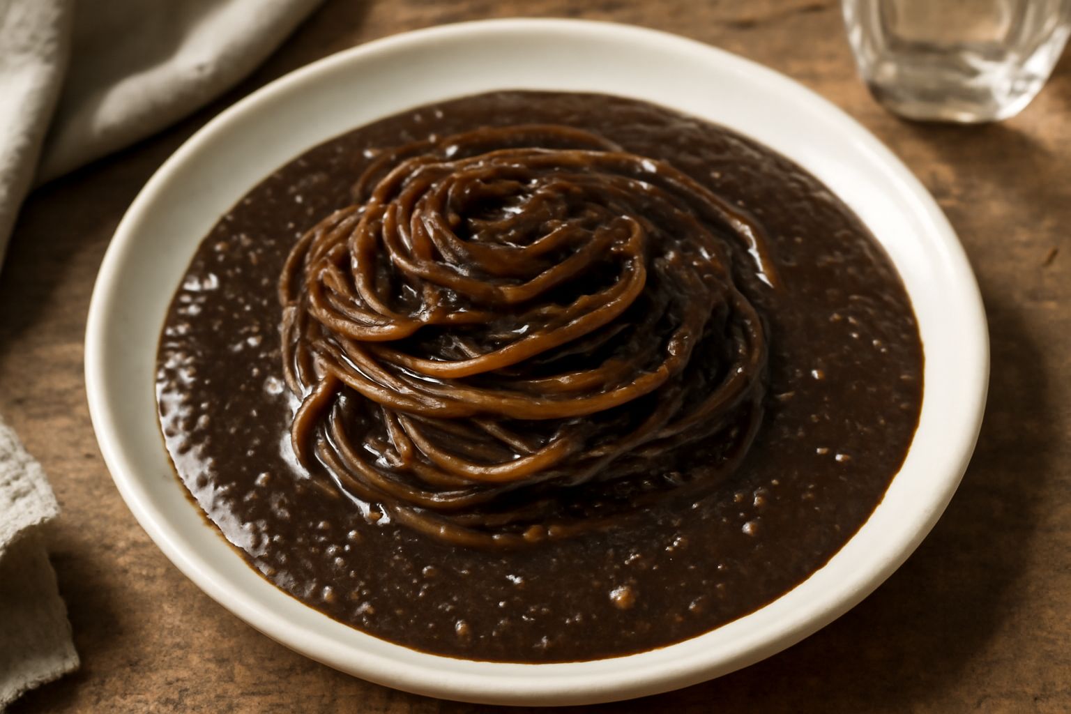 Salsa di funghi secchi cremosa e scura in una ciotola bianca, con cucchiaio di legno, funghi interi visibili nella salsa, piatto servito su tavolo di legno con basilico verde e olio d'oliva accanto