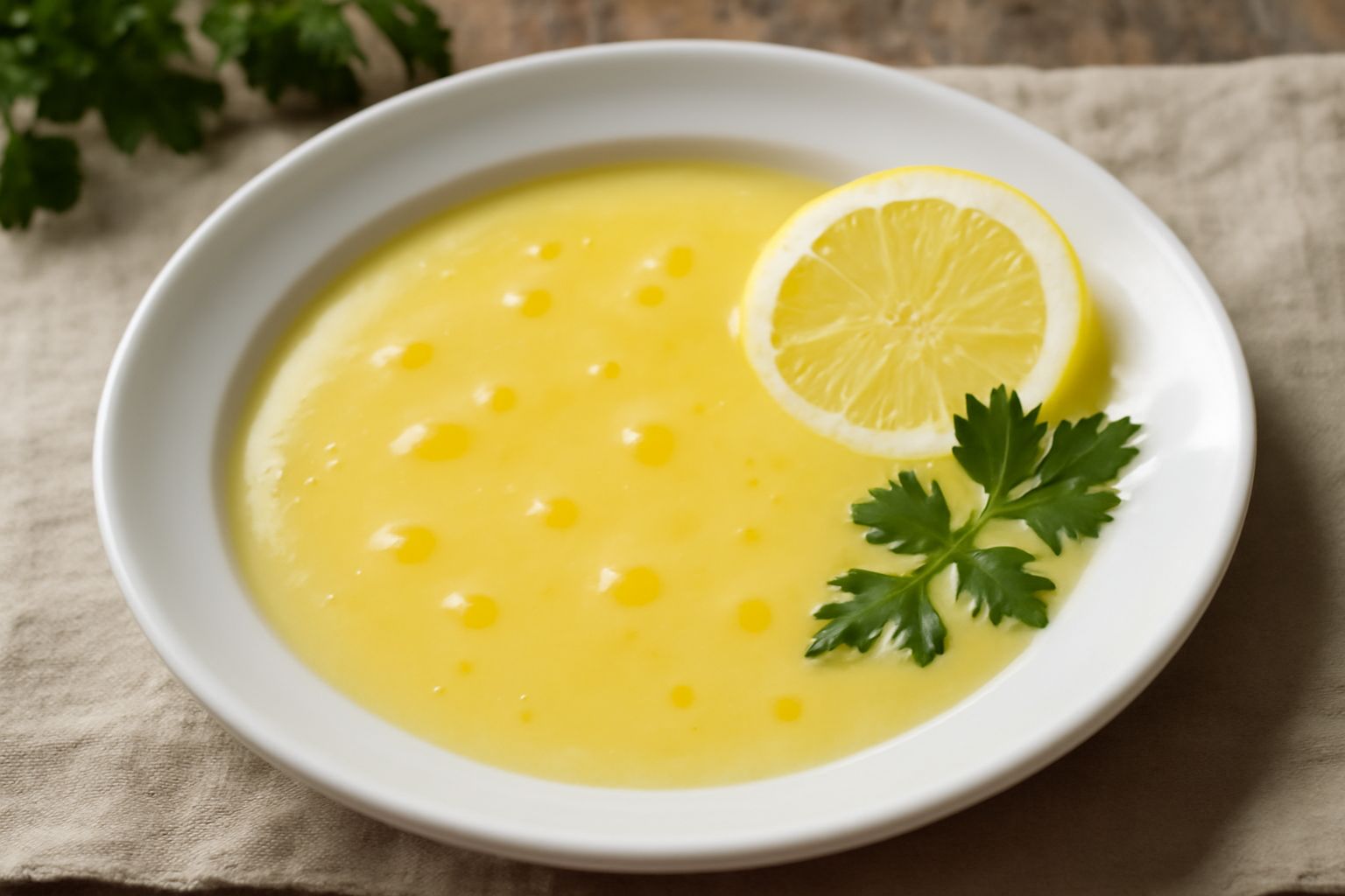 Salsa di limone cremosa di colore giallo chiaro in una ciotola bianca, con una superficie liscia e brillante, fettine di limone come guarnizione su un lato