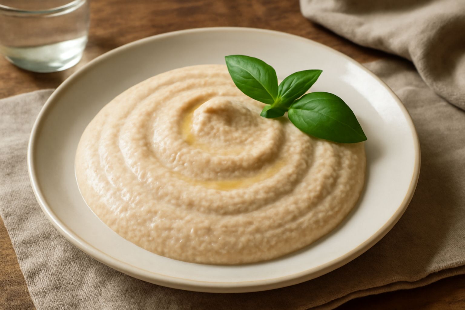 Ciotola di ceramica bianca con salsa di mandorle color beige chiaro, densa e uniforme, con goccia di olio verde dorato in superficie, accanto a mandorle pelate sparse e rametto di prezzemolo fresco